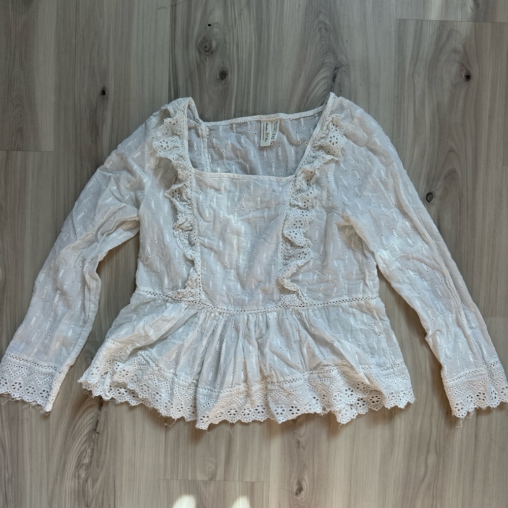 Anthropologie Cream Lace Ruffle Blouse
